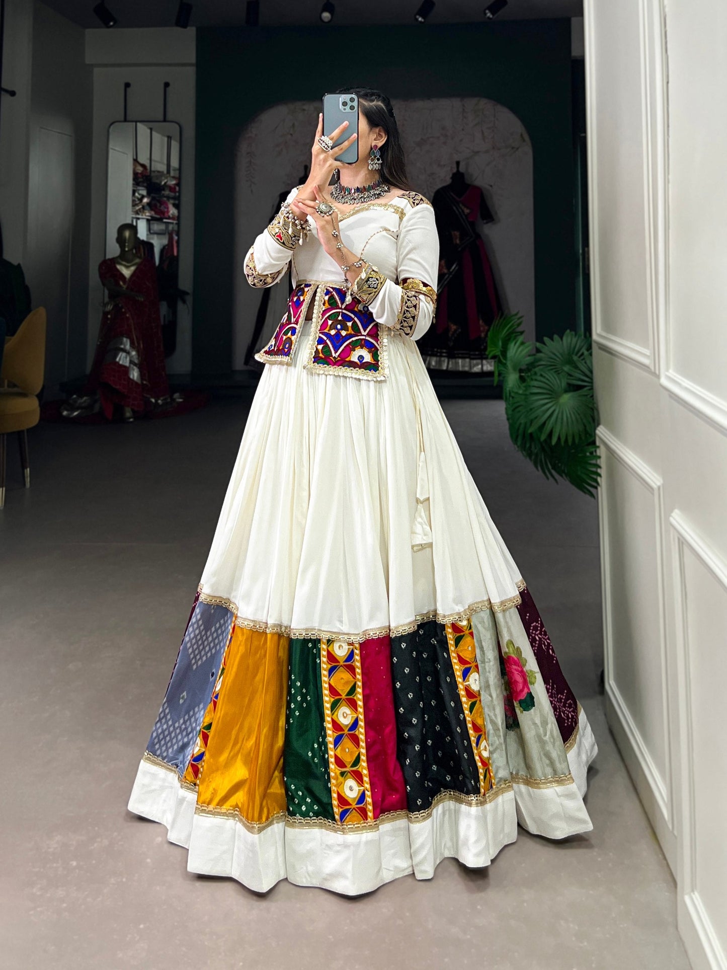 Heartwarming Gamthi White Navratri Rayon Lehenga Choli