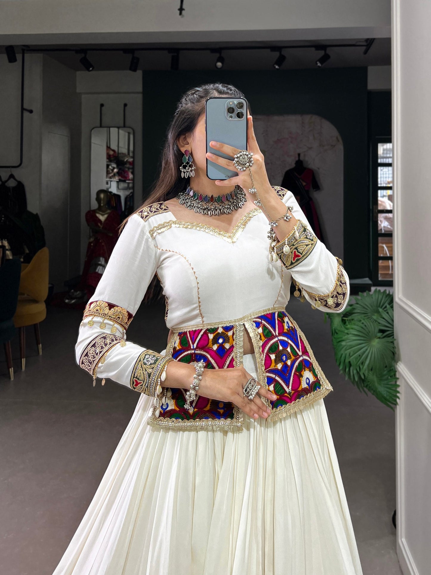 Heartwarming Gamthi White Navratri Rayon Lehenga Choli