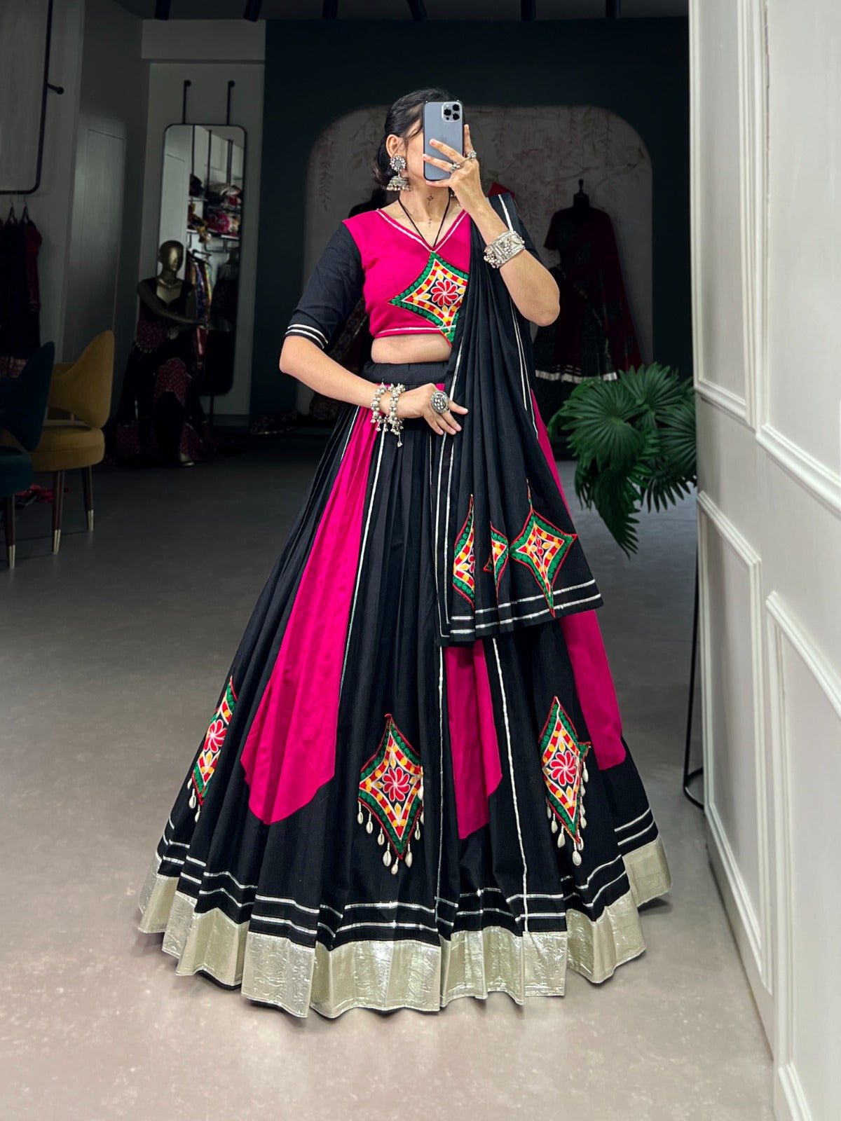 Pink Black Pure Cotton Gamthi Gota Patti Worked Navratri Lehenga Choli