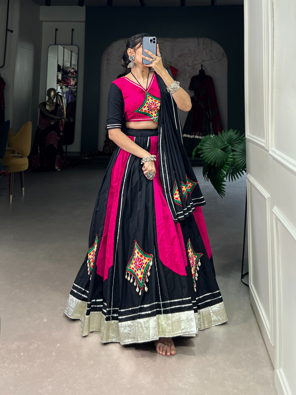 Pink Black Pure Cotton Gamthi Gota Patti Worked Navratri Lehenga Choli