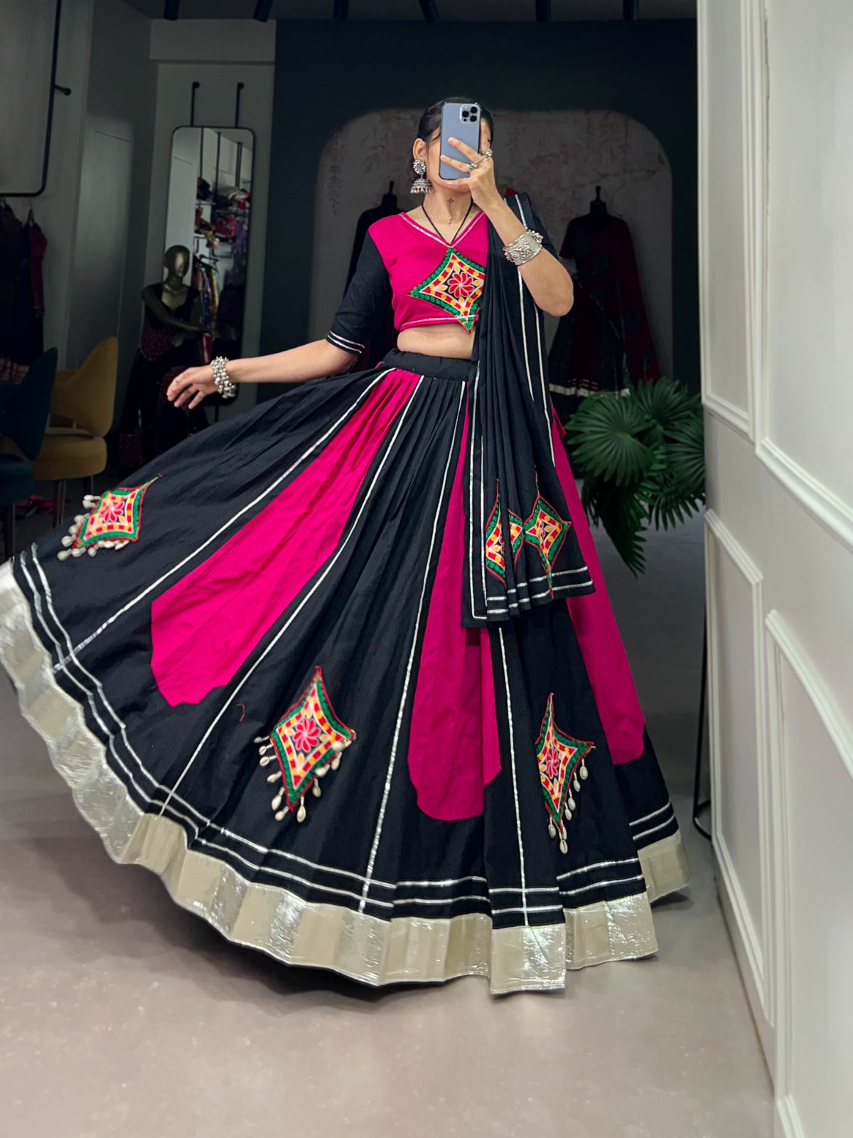 Pink Black Pure Cotton Gamthi Gota Patti Worked Navratri Lehenga Choli