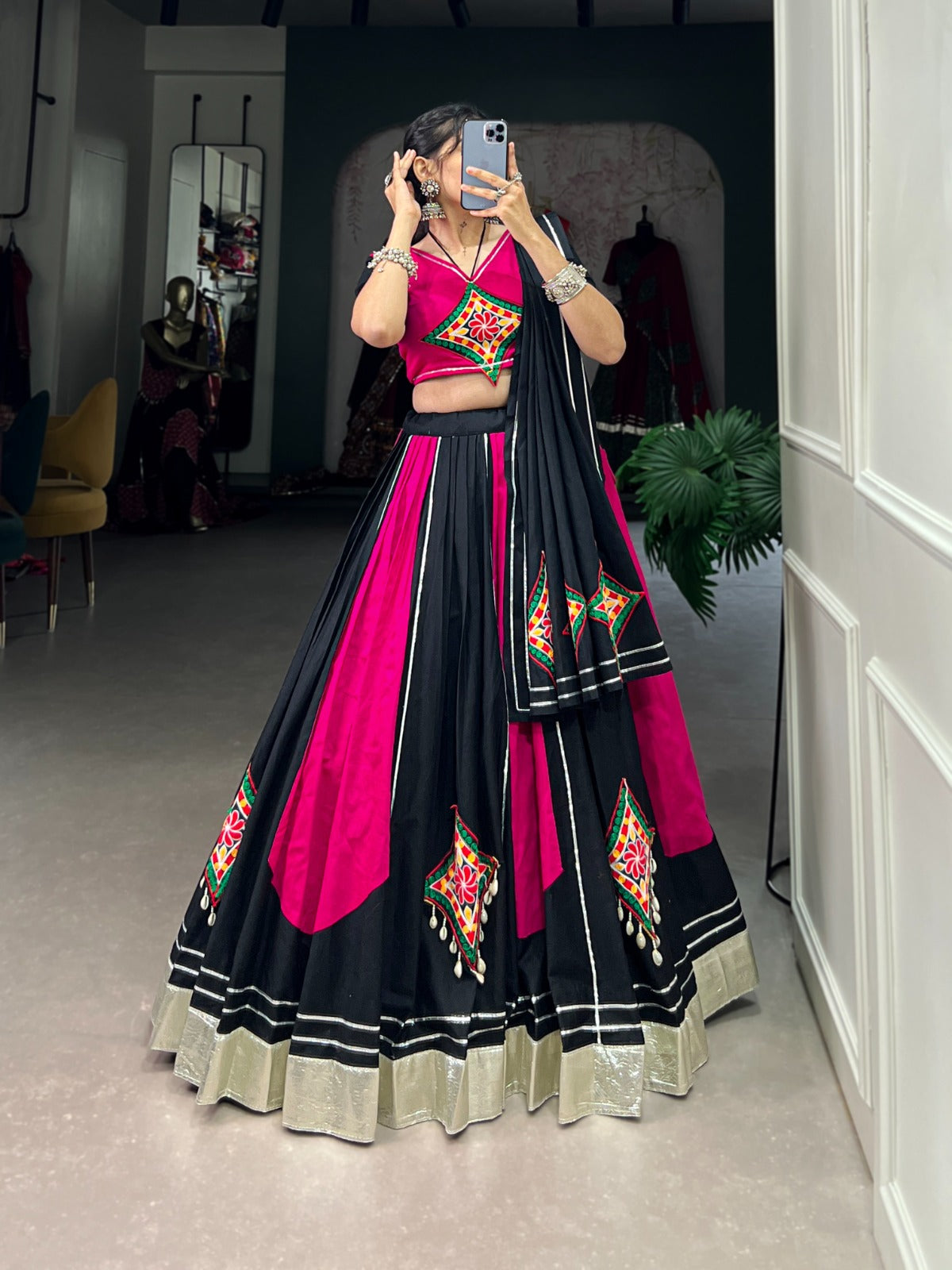 Pink Black Pure Cotton Gamthi Gota Patti Worked Navratri Lehenga Choli