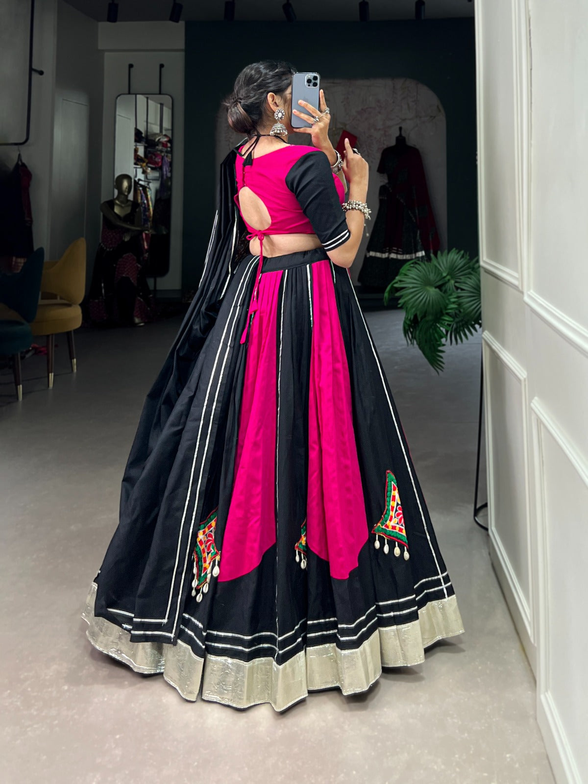 Pink Black Pure Cotton Gamthi Gota Patti Worked Navratri Lehenga Choli