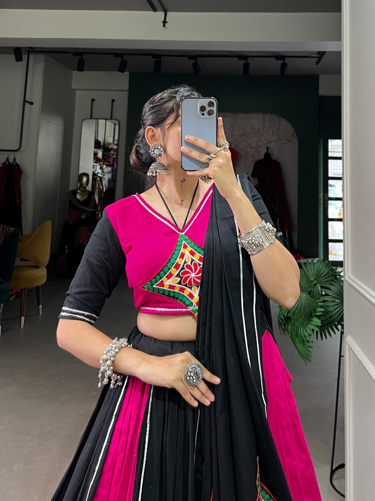 Pink Black Pure Cotton Gamthi Gota Patti Worked Navratri Lehenga Choli