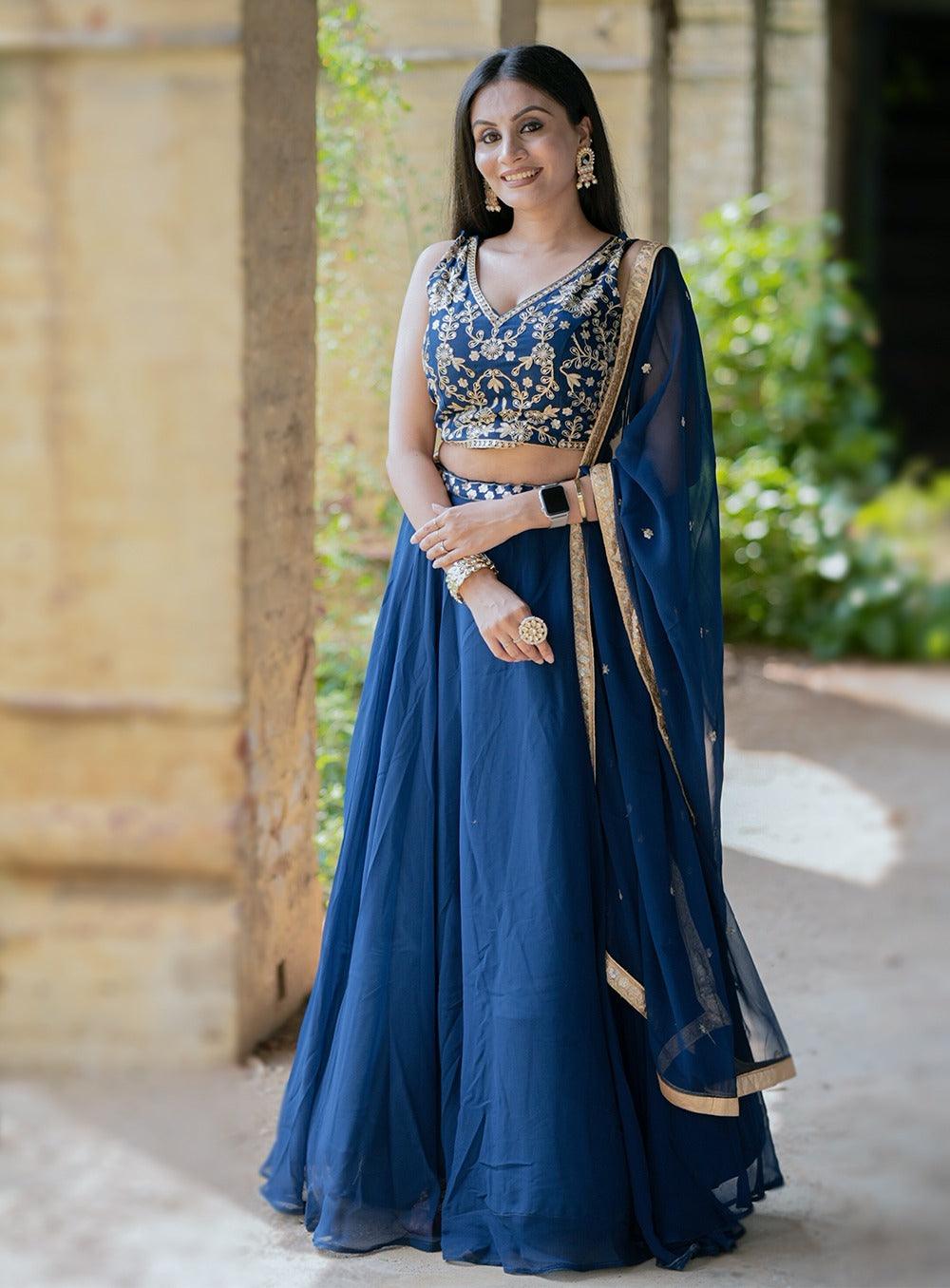 Navy Blue Georgette Sequins Thread Embroidered Lehenga Choli