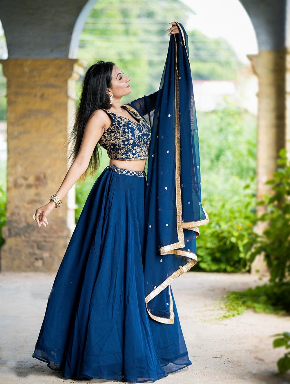 Navy Blue Georgette Sequins Thread Embroidered Lehenga Choli