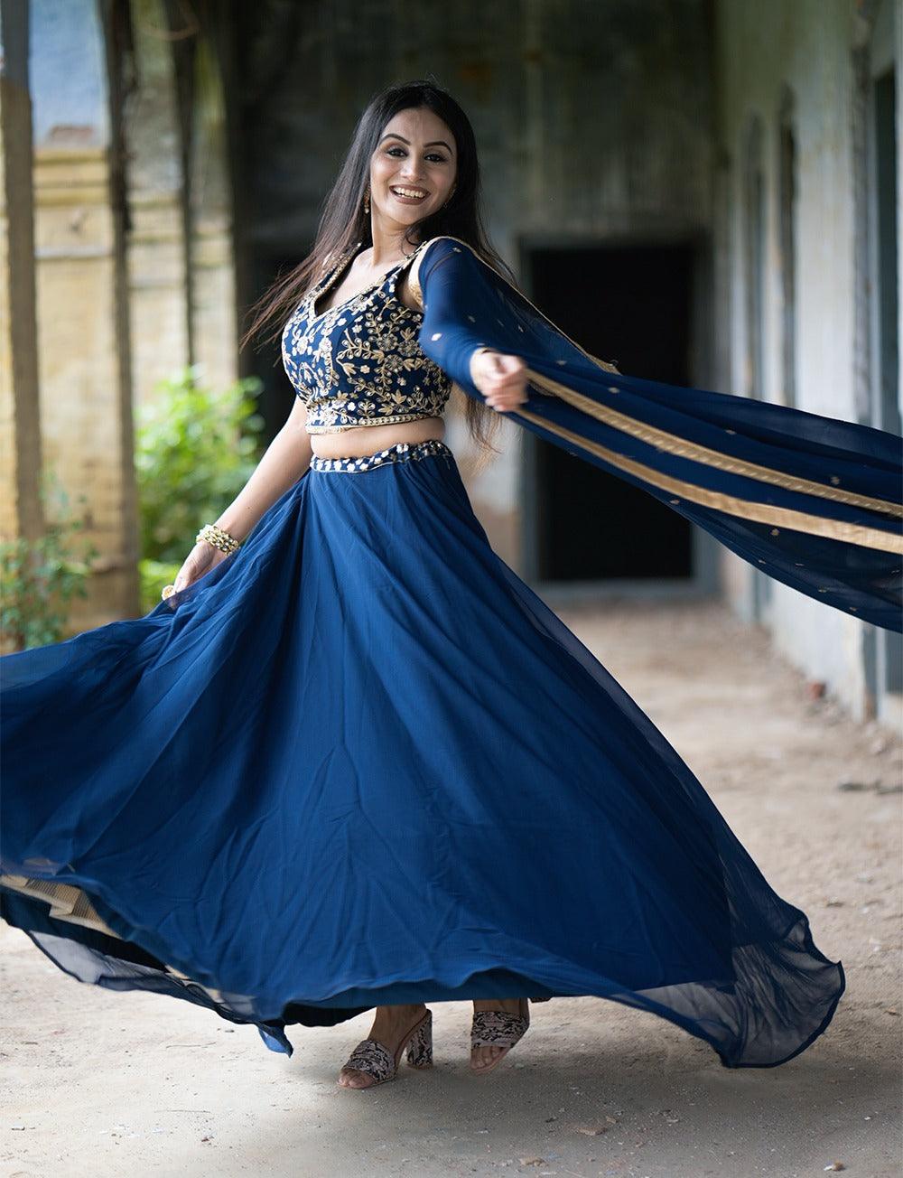 Navy Blue Georgette Sequins Thread Embroidered Lehenga Choli