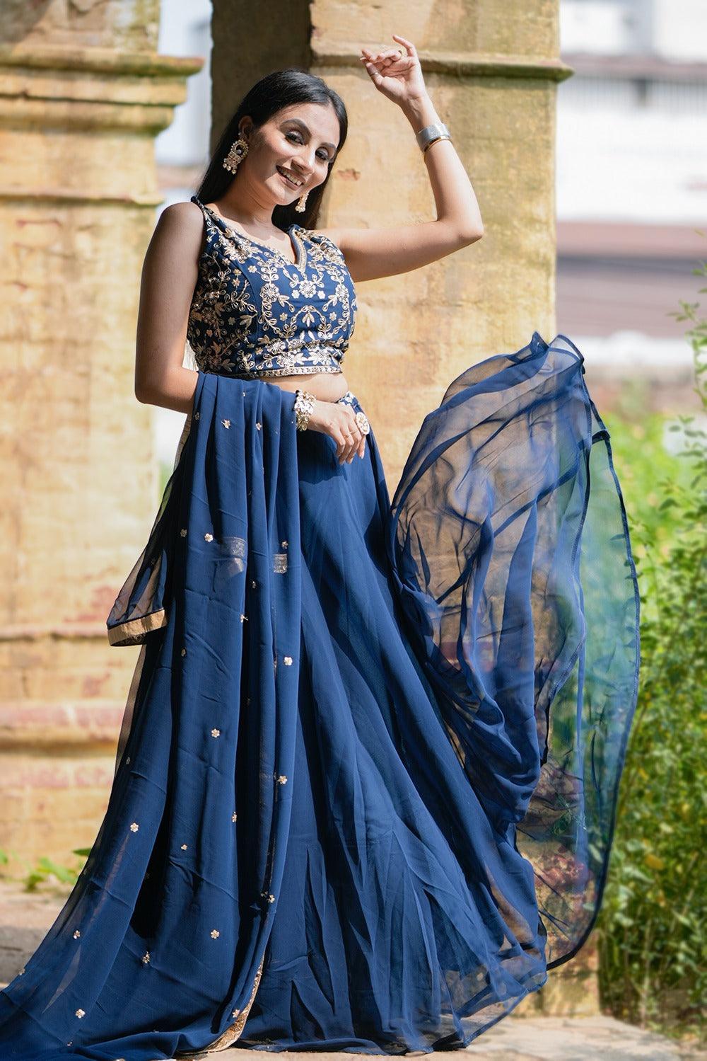 Navy Blue Georgette Sequins Thread Embroidered Lehenga Choli