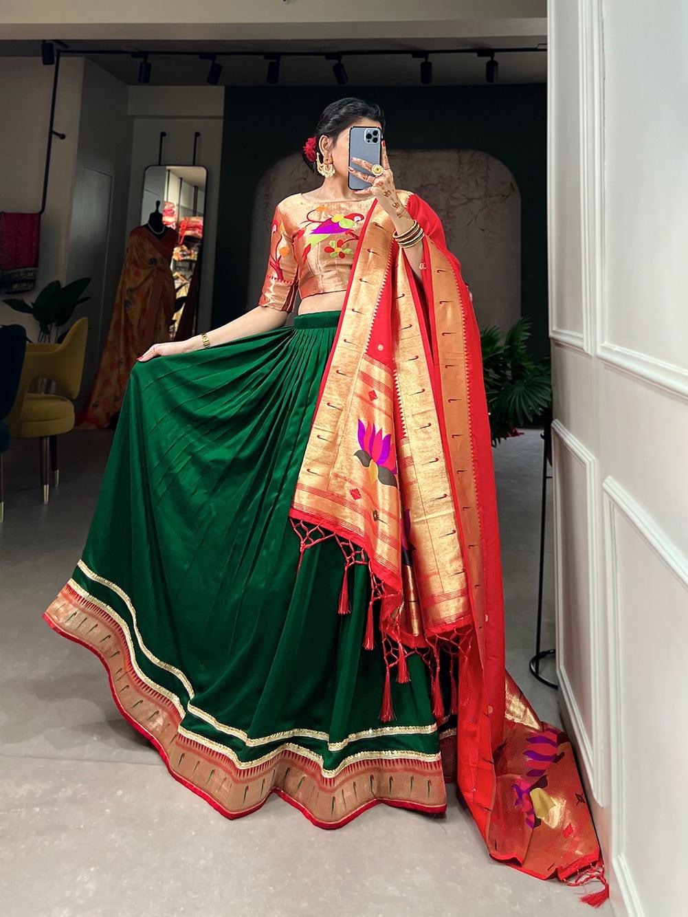 Green Vichitra Silk Paithani Lace Border Worked Lehenga Set