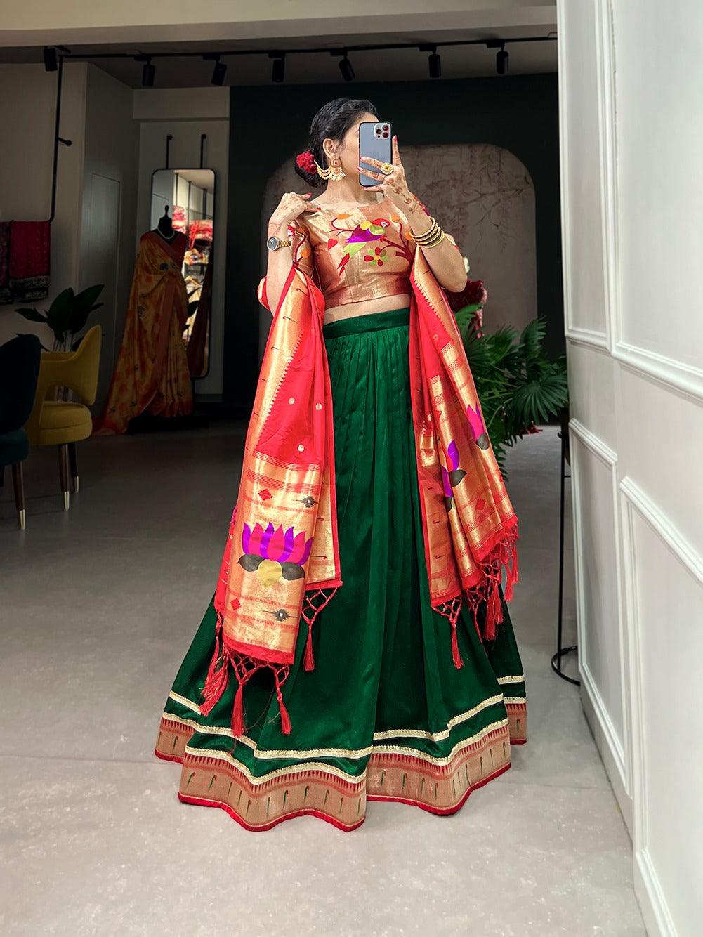 Green Vichitra Silk Paithani Lace Border Worked Lehenga Set