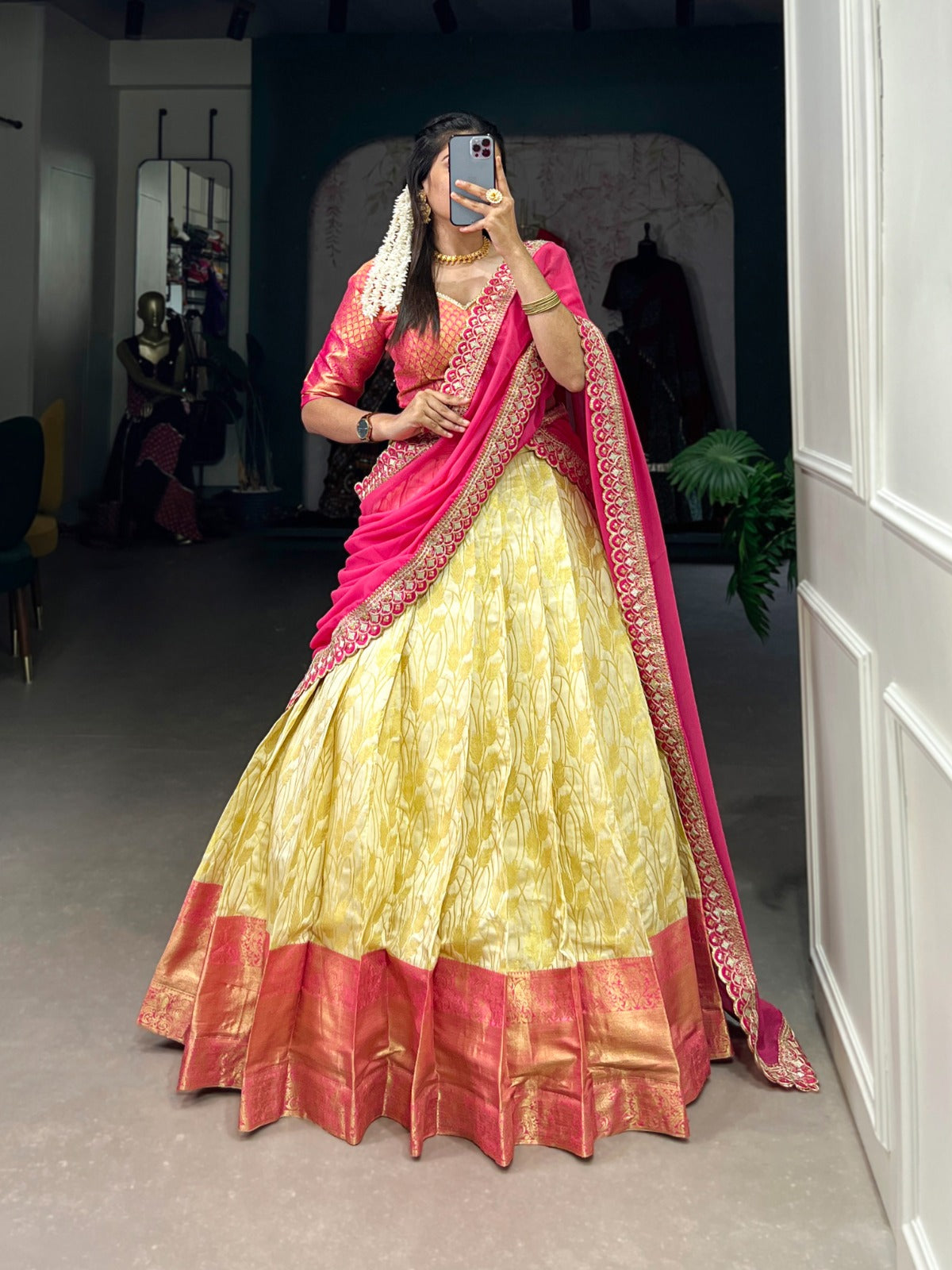 Amazing Jacquard Silk Zari Weaving Worked Lehenga Choli Set | Lehenga Choli | Cream Lehenga Choli, Festival, Flared Lehenga, Green Lehenga Choli, Jacquard Silk Lehenga Choli, Lehenga Choli, Rani Pink Lehenga Choli, Sea Blue Lehenga Choli, test, Wedding | Mameraa