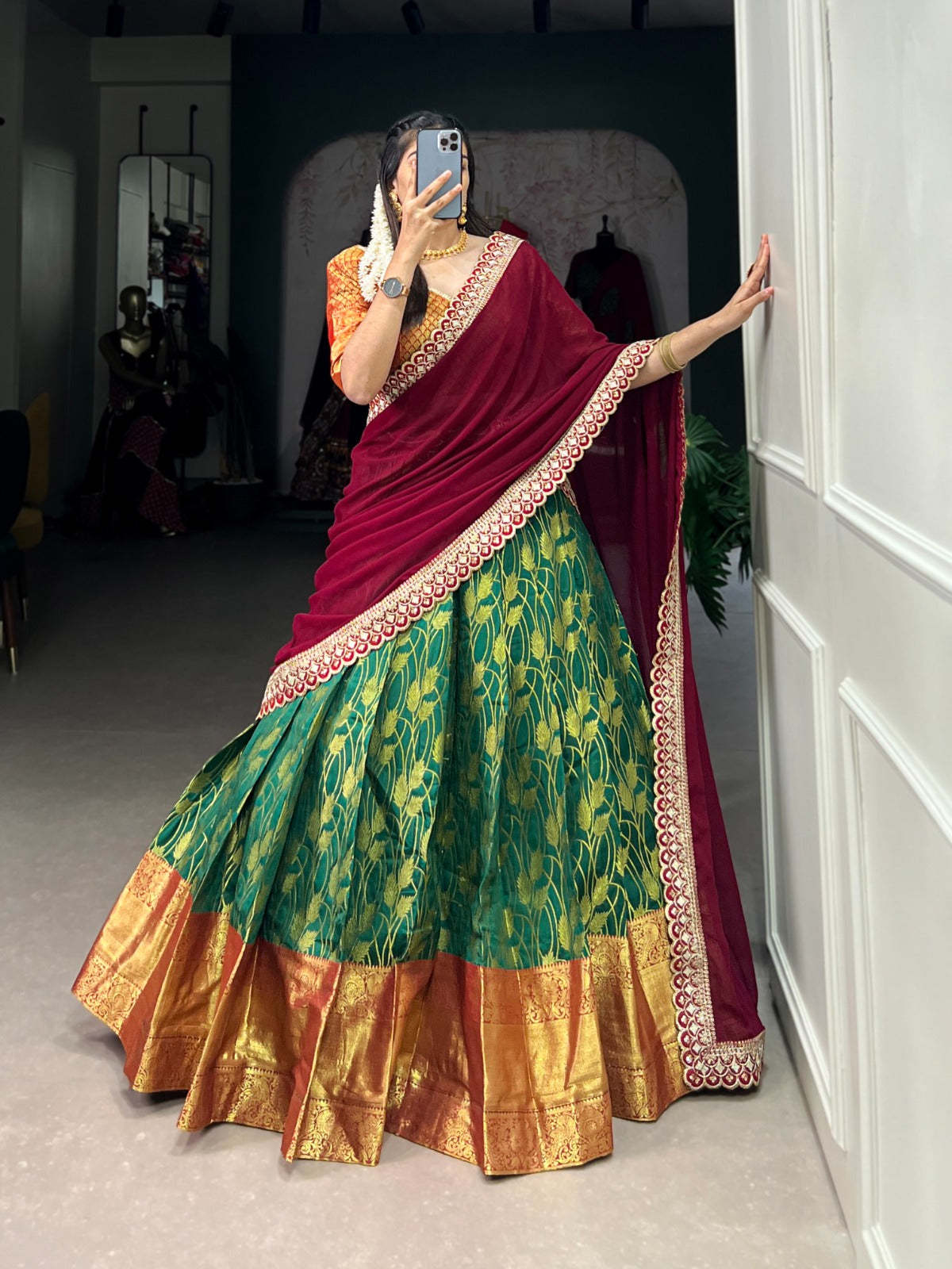 Amazing Jacquard Silk Zari Weaving Worked Lehenga Choli Set