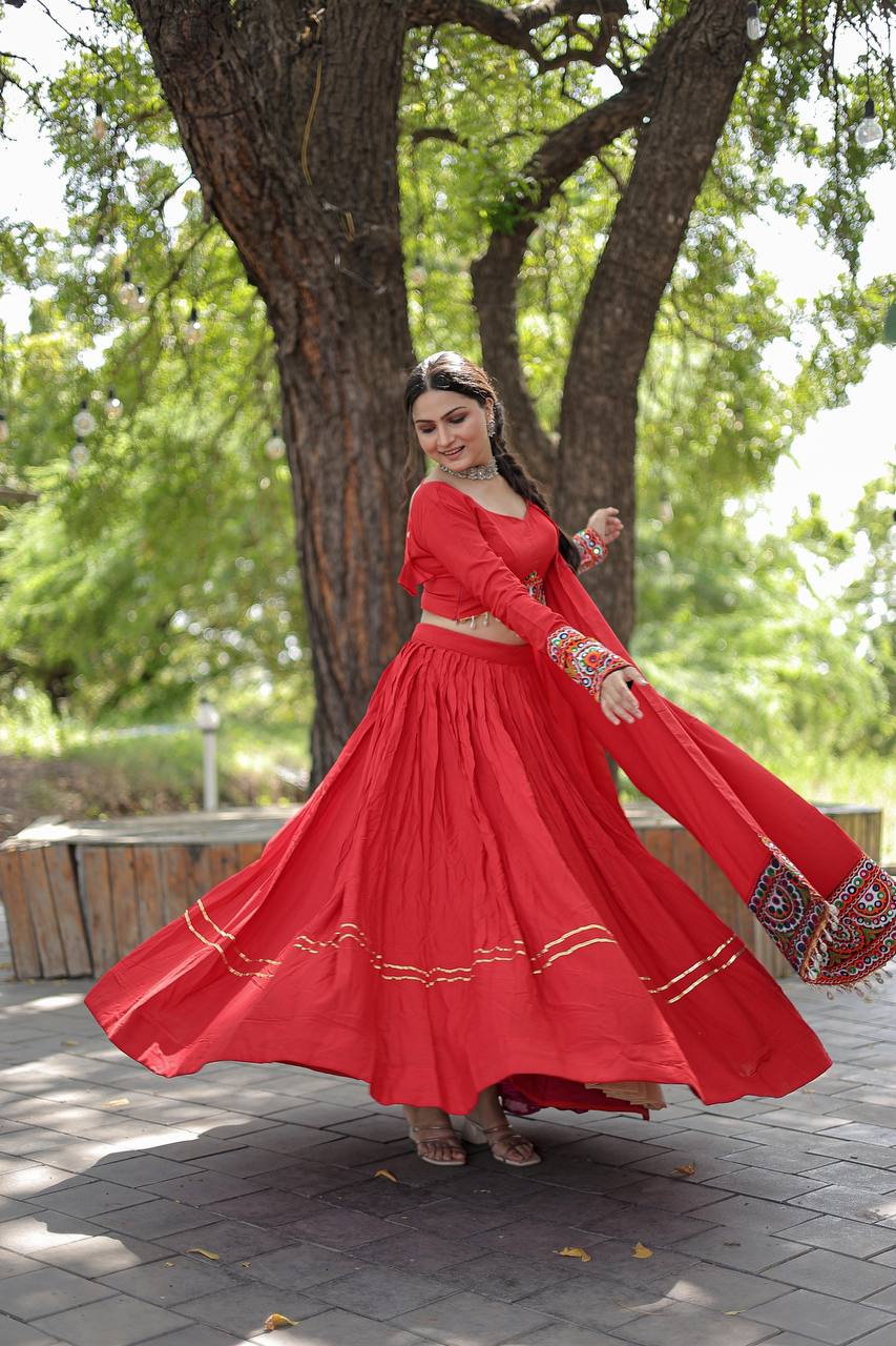 Red Rayon Gota Patti Worked Navratri Wear Lehenga Choli Set