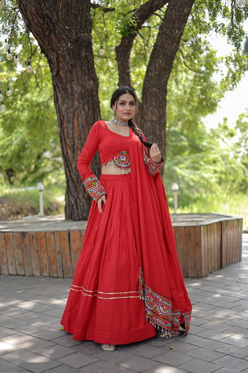 Red Rayon Gota Patti Worked Navratri Wear Lehenga Choli Set