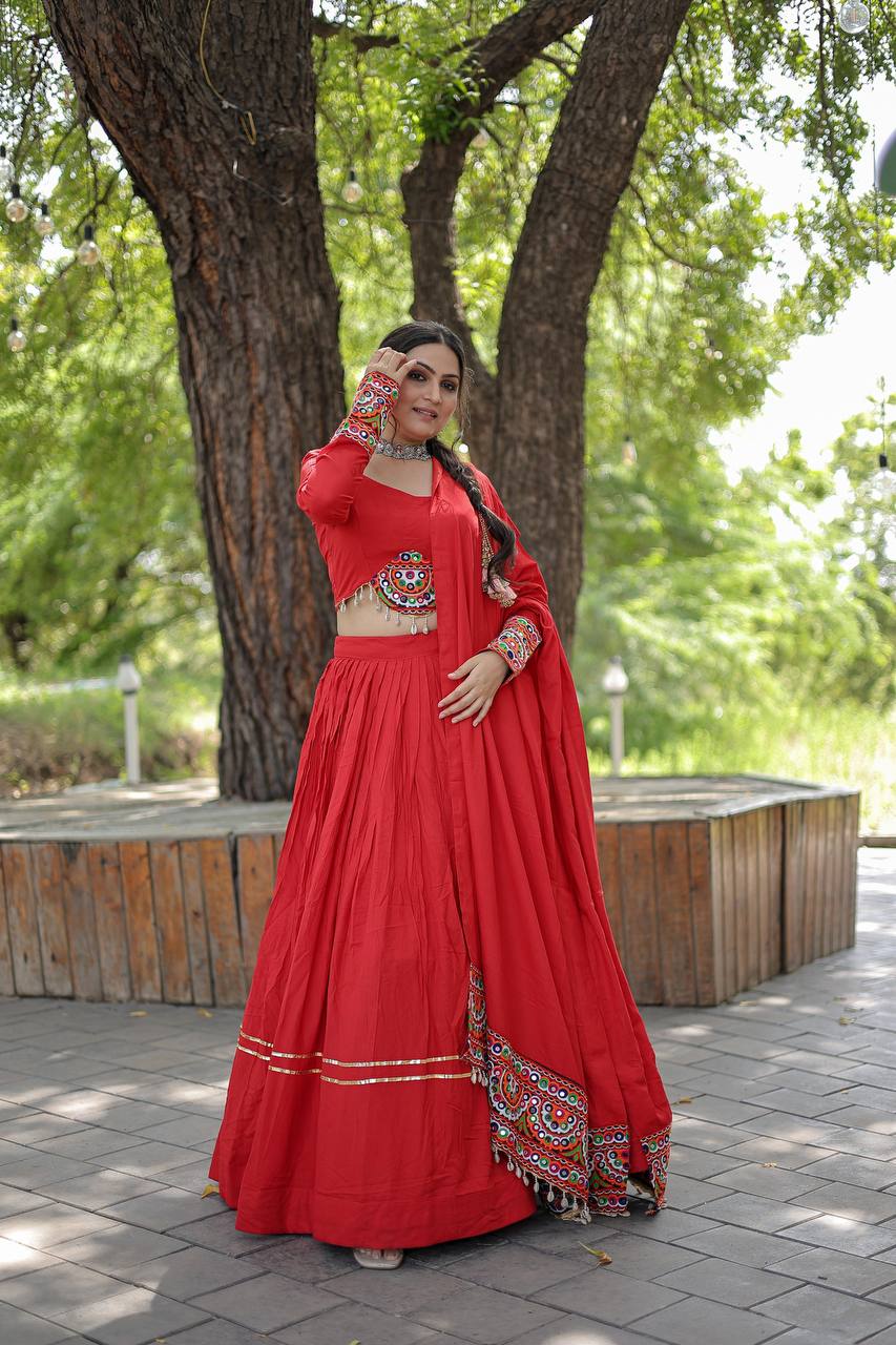 Red Rayon Gota Patti Worked Navratri Wear Lehenga Choli Set