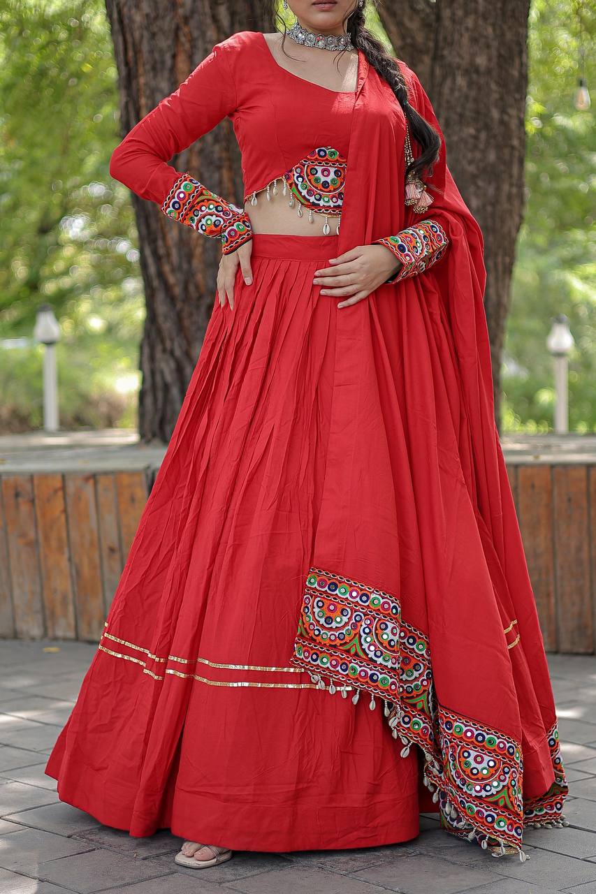 Red Rayon Gota Patti Worked Navratri Wear Lehenga Choli Set