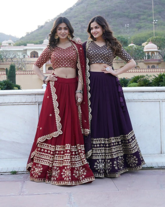 Wine color Georgette Flared Lehenga Choli with dupatta