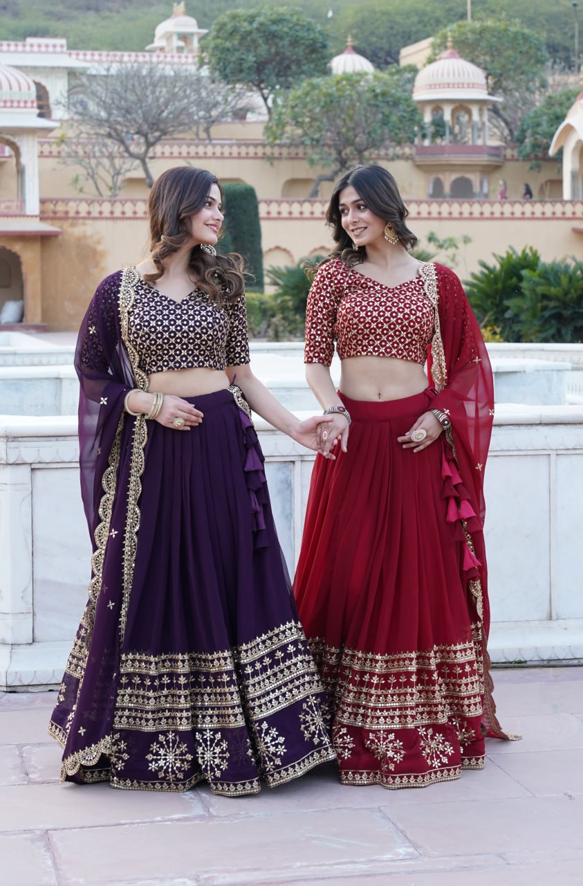 Wine color Georgette Flared Lehenga Choli with dupatta