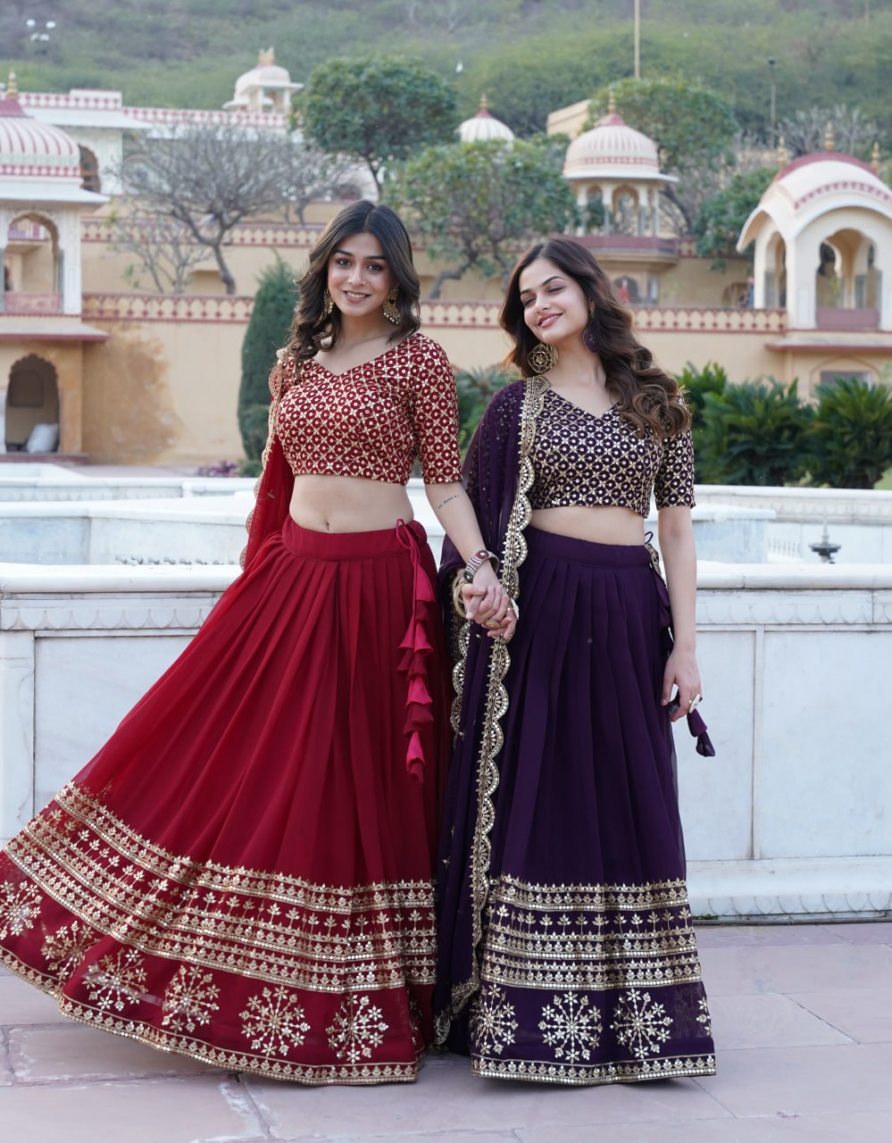 Wine color Georgette Flared Lehenga Choli with dupatta