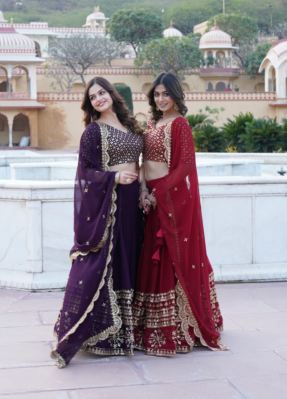 Wine color Georgette Flared Lehenga Choli with dupatta