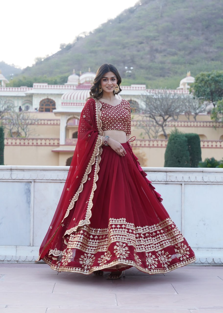 Wine color Georgette Flared Lehenga Choli with dupatta