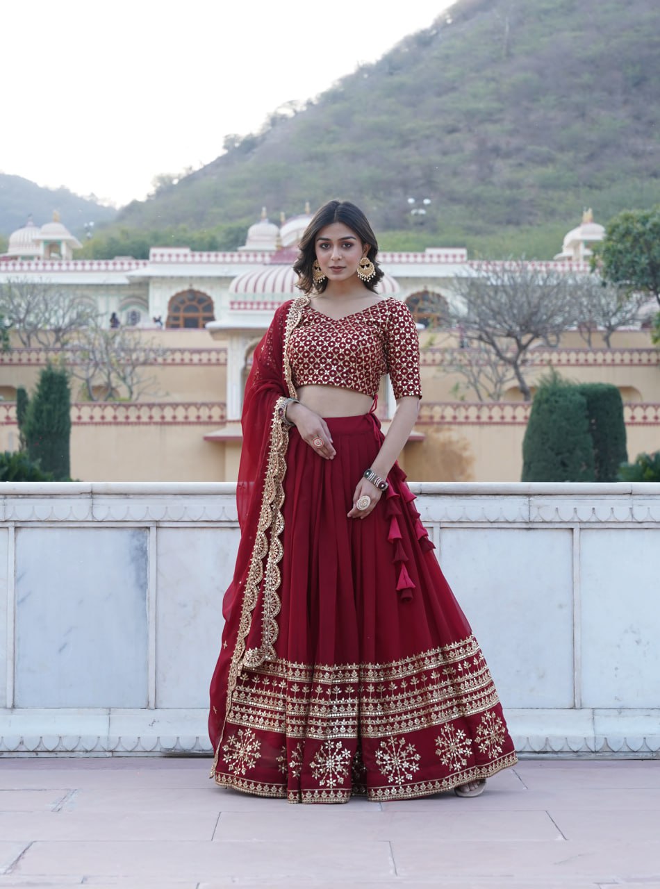 Wine color Georgette Flared Lehenga Choli with dupatta