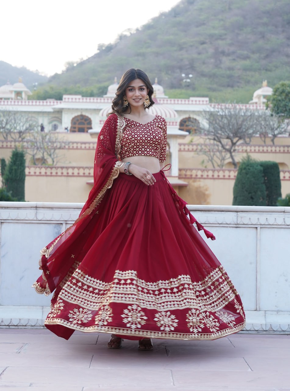 Wine color Georgette Flared Lehenga Choli with dupatta