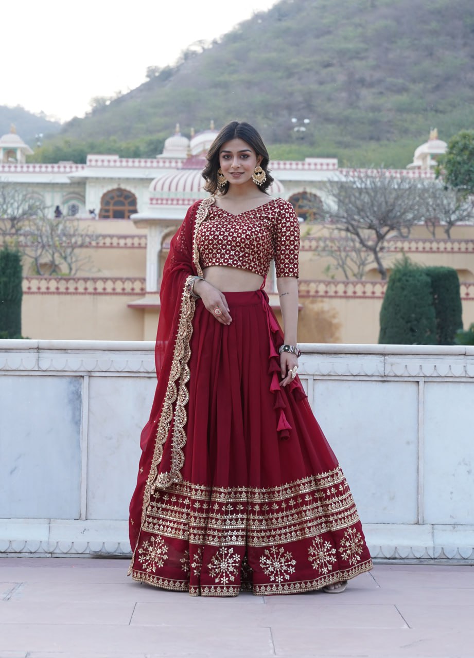 Wine color Georgette Flared Lehenga Choli with dupatta