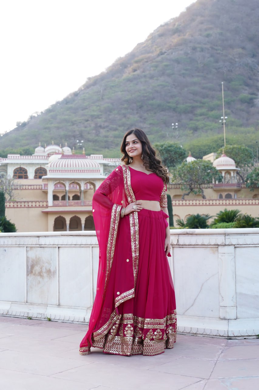Sparkling Sequin Pink Lehenga: Faux Georgette with Heavy Embroidery