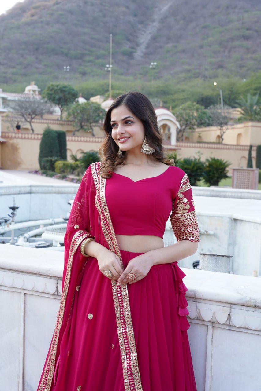 Sparkling Sequin Pink Lehenga: Faux Georgette with Heavy Embroidery