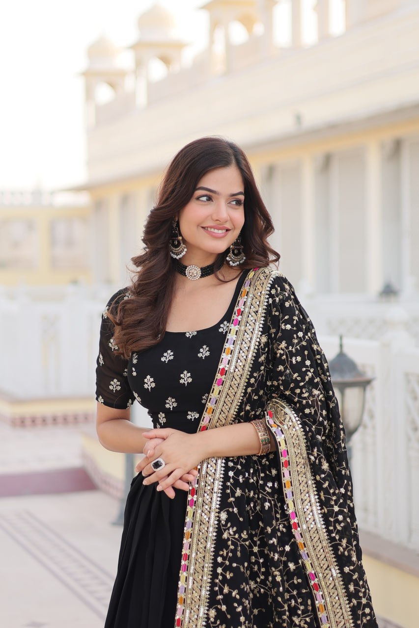 Black Faux Blooming Georgette Lehenga Choli Set with Heavy Sequins Embroidery