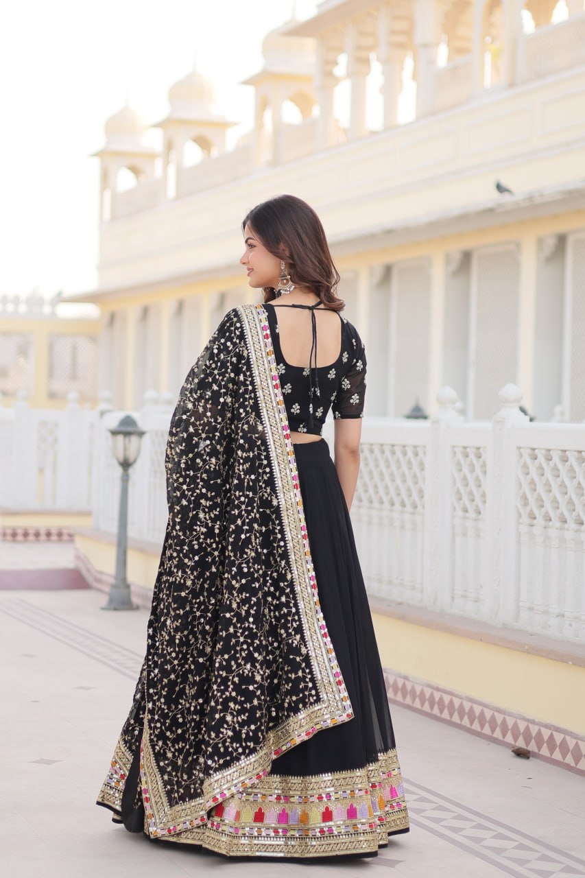 Black Faux Blooming Georgette Lehenga Choli Set with Heavy Sequins Embroidery