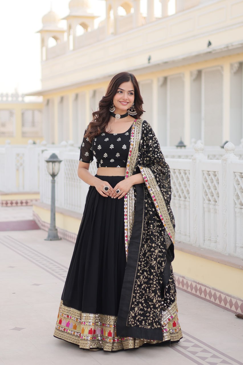 Black Faux Blooming Georgette Lehenga Choli Set with Heavy Sequins Embroidery
