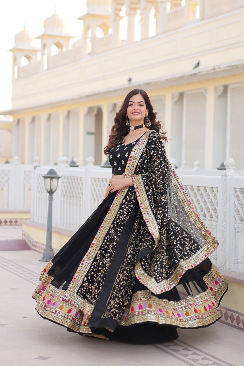 Black Faux Blooming Georgette Lehenga Choli Set with Heavy Sequins Embroidery