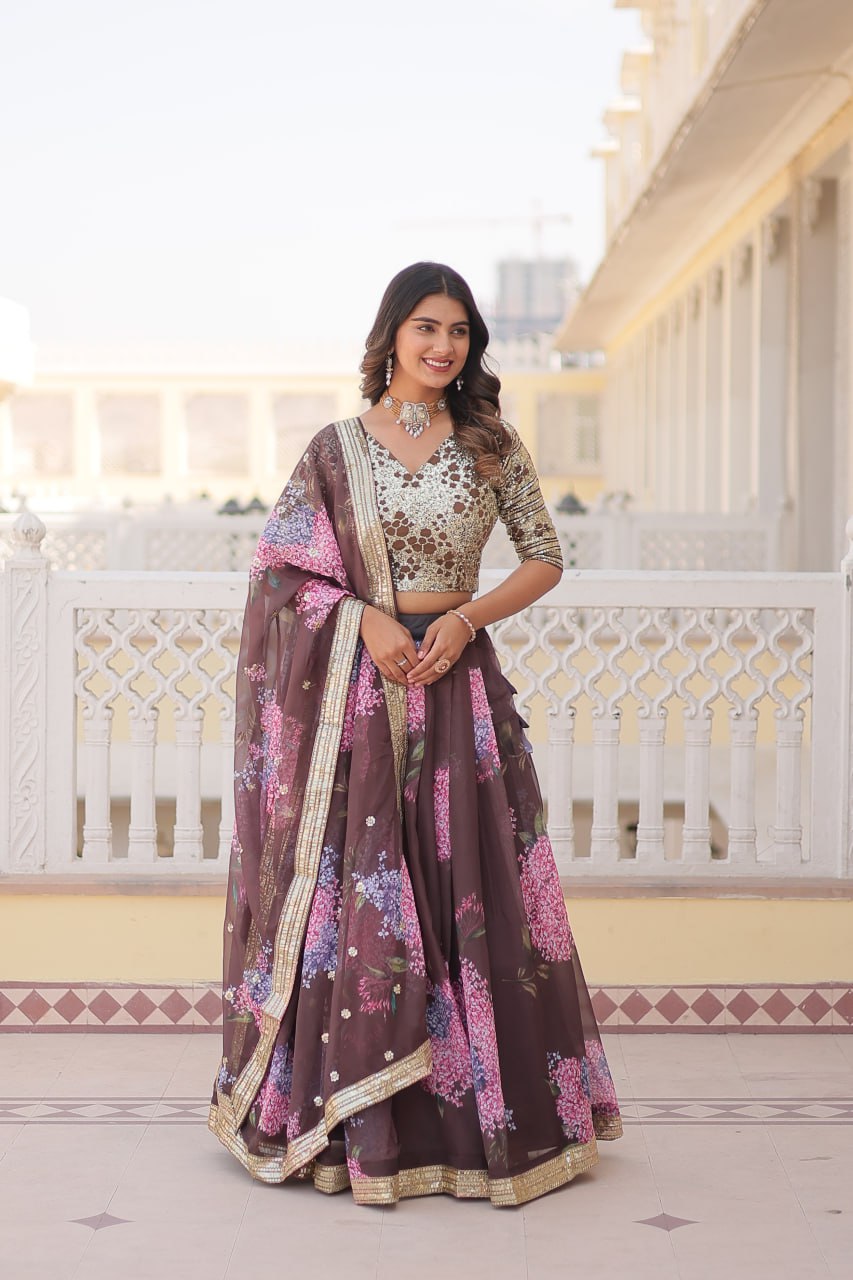 Beautiful Floral Printed Sequins Worked Designer Lehenga Choli