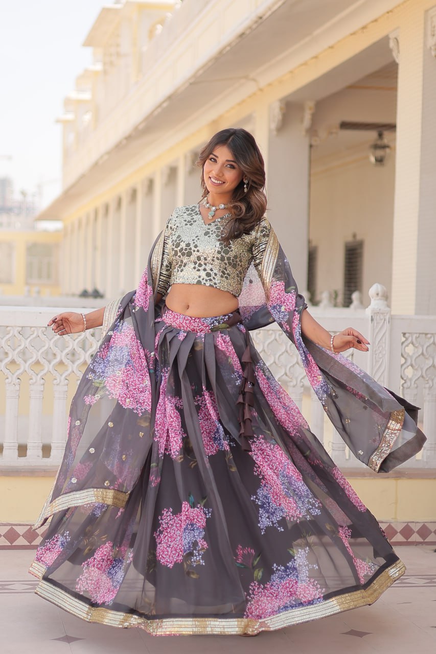 Beautiful Floral Printed Sequins Worked Designer Lehenga Choli