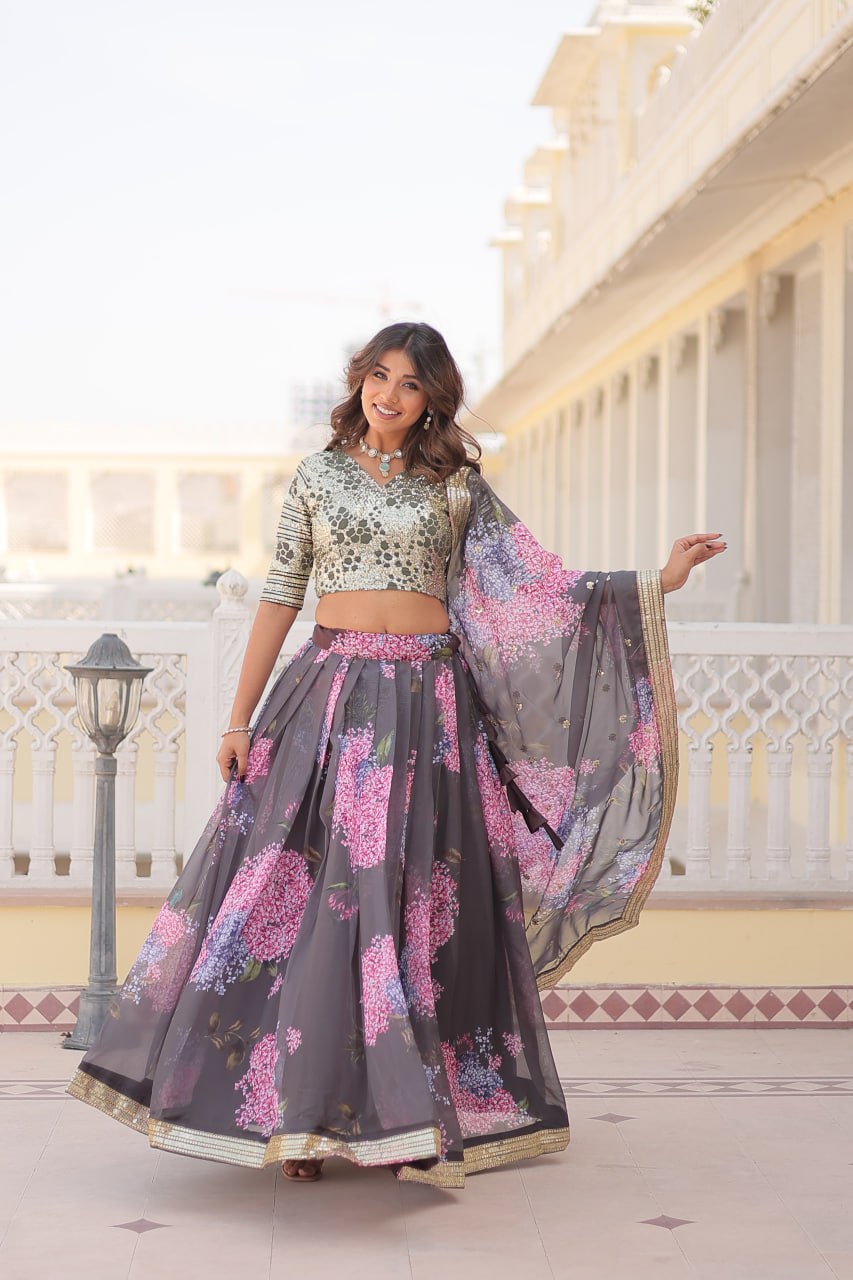 Beautiful Floral Printed Sequins Worked Designer Lehenga Choli