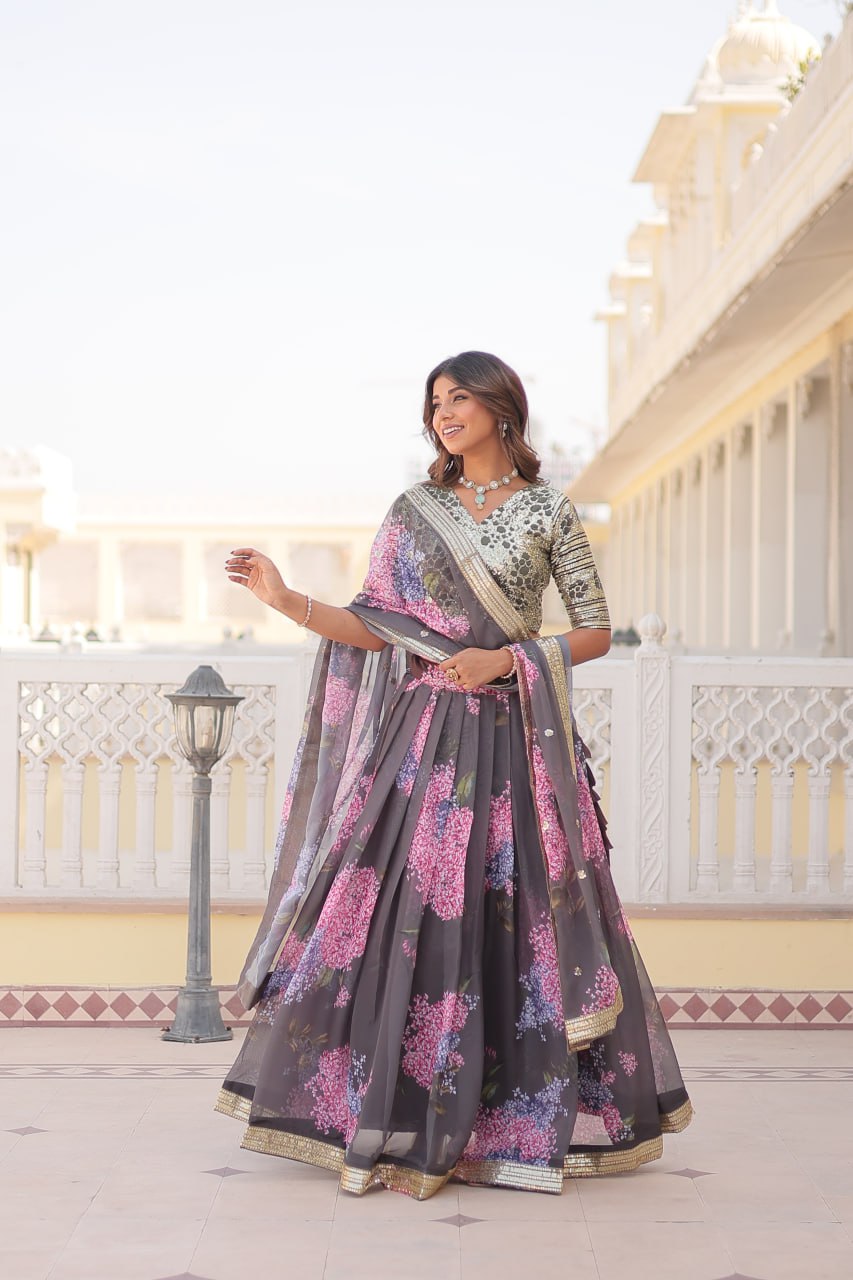 Beautiful Floral Printed Sequins Worked Designer Lehenga Choli