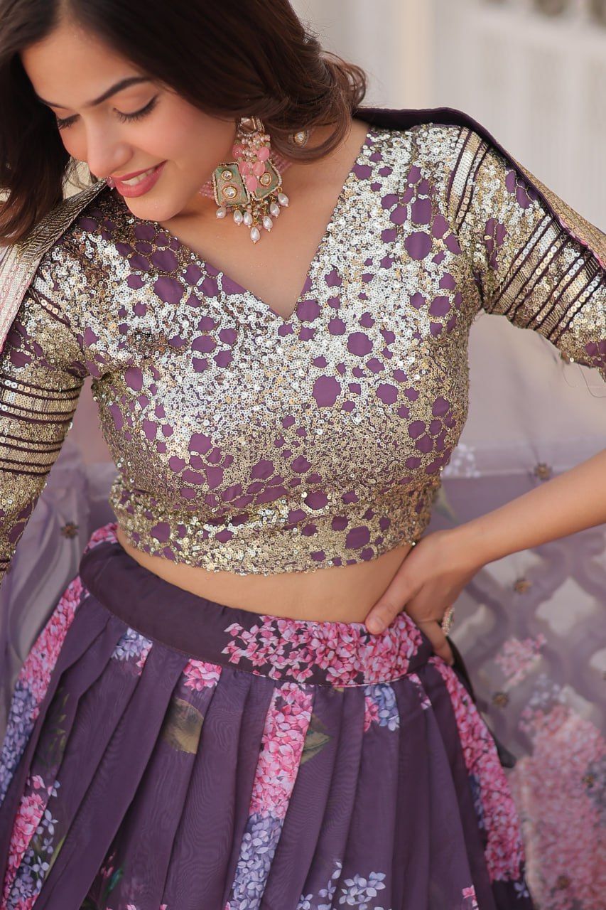 Beautiful Floral Printed Sequins Worked Designer Lehenga Choli