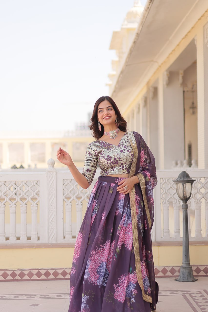 Beautiful Floral Printed Sequins Worked Designer Lehenga Choli