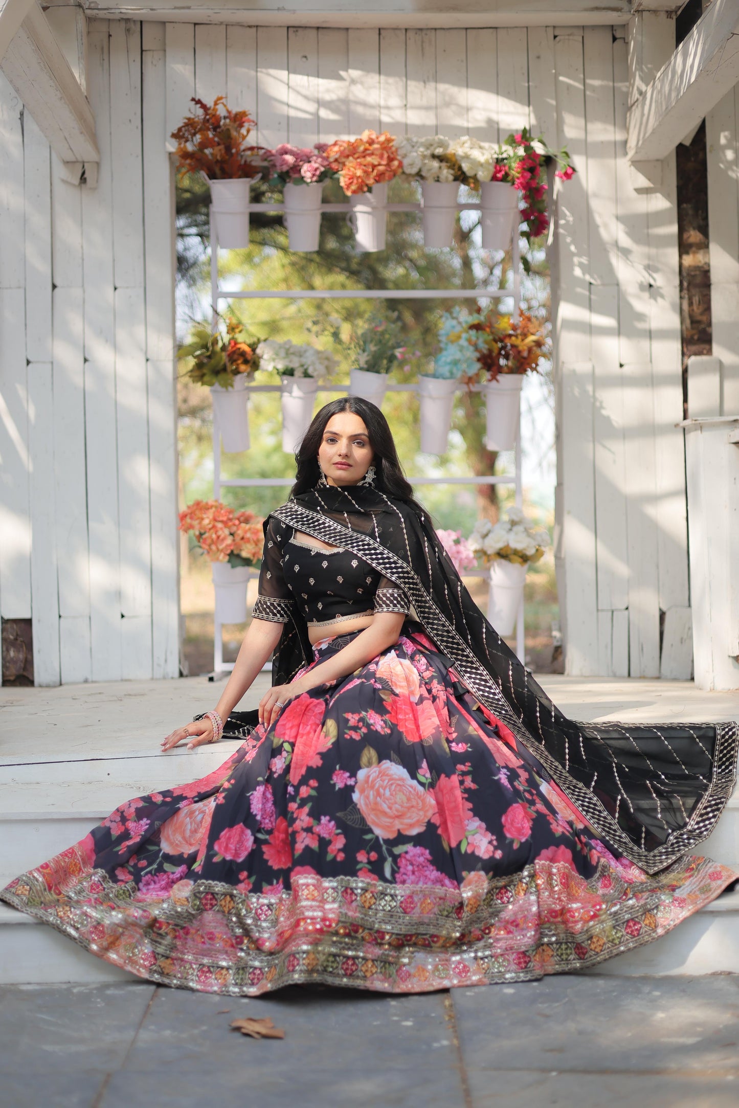 Black Floral Digital Printed Sequins Embroidered Lehenga Choli