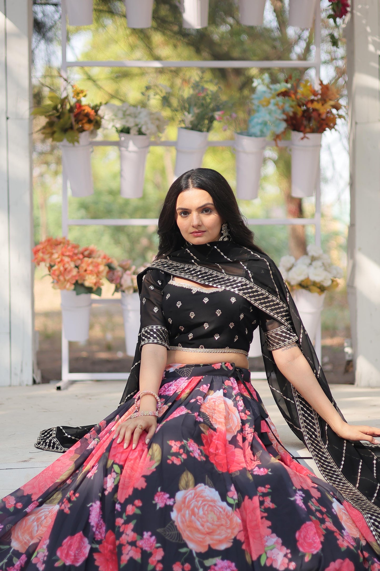 Black Floral Digital Printed Sequins Embroidered Lehenga Choli