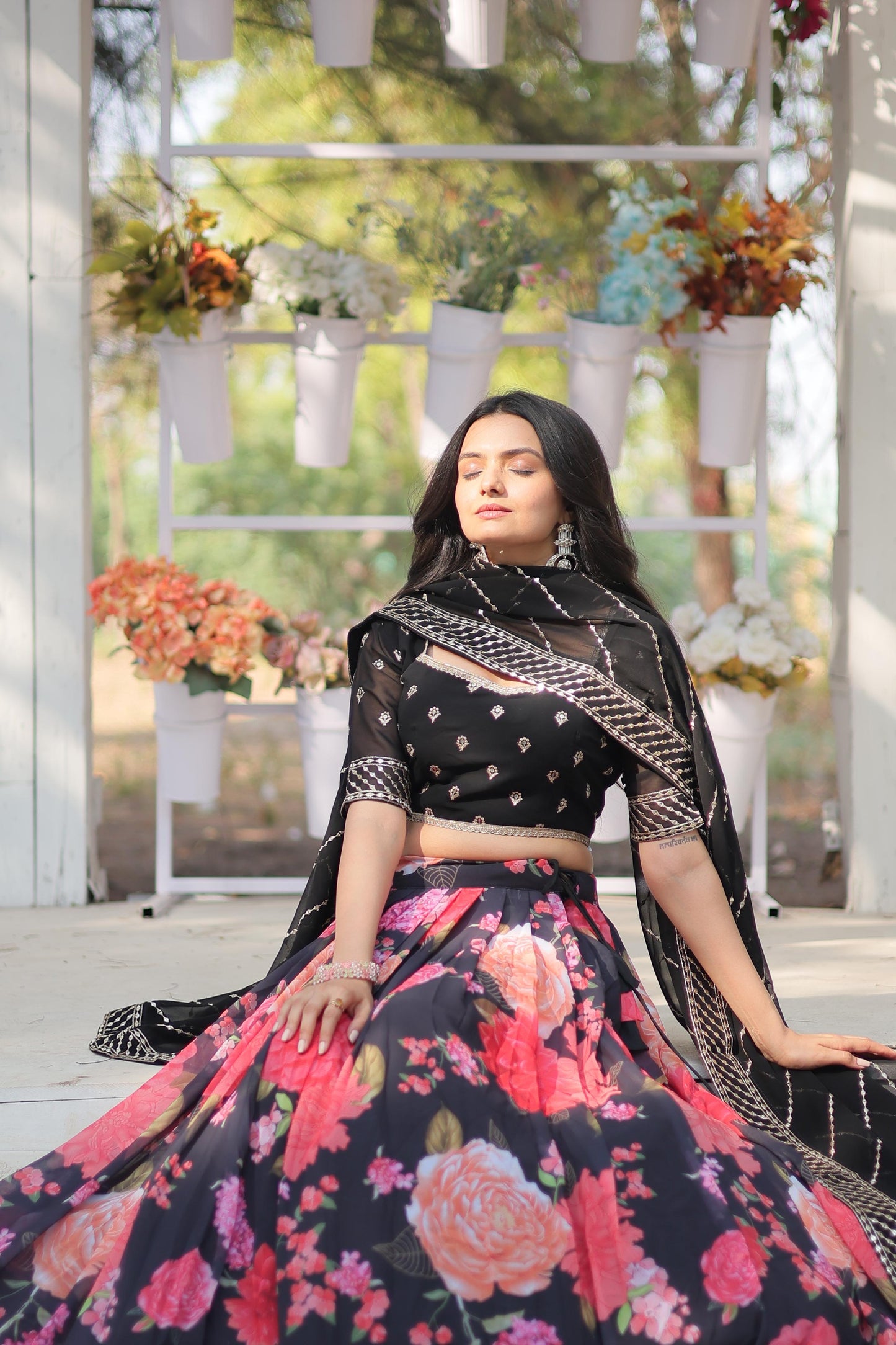 Black Floral Digital Printed Sequins Embroidered Lehenga Choli