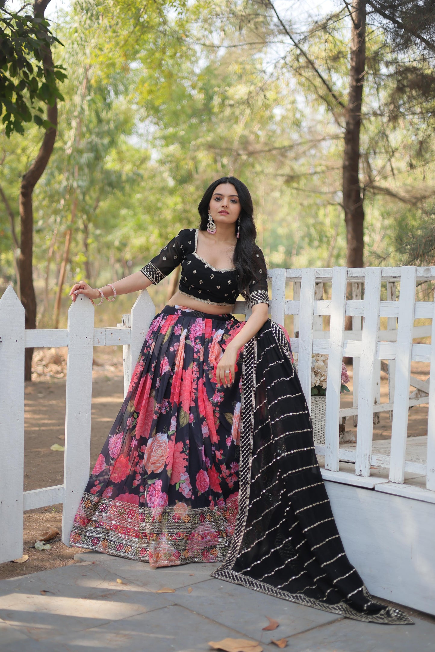 Black Floral Digital Printed Sequins Embroidered Lehenga Choli