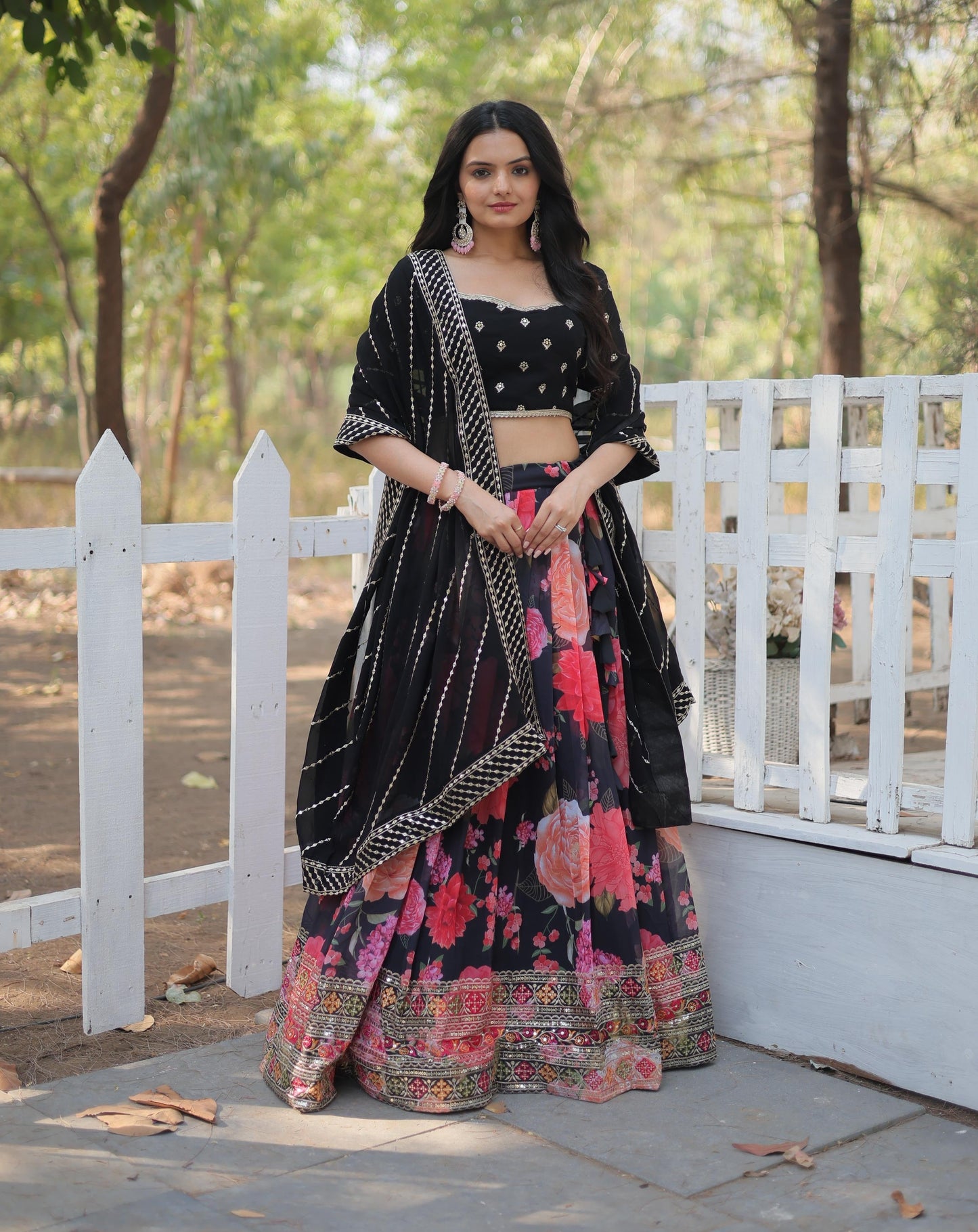 Black Floral Digital Printed Sequins Embroidered Lehenga Choli