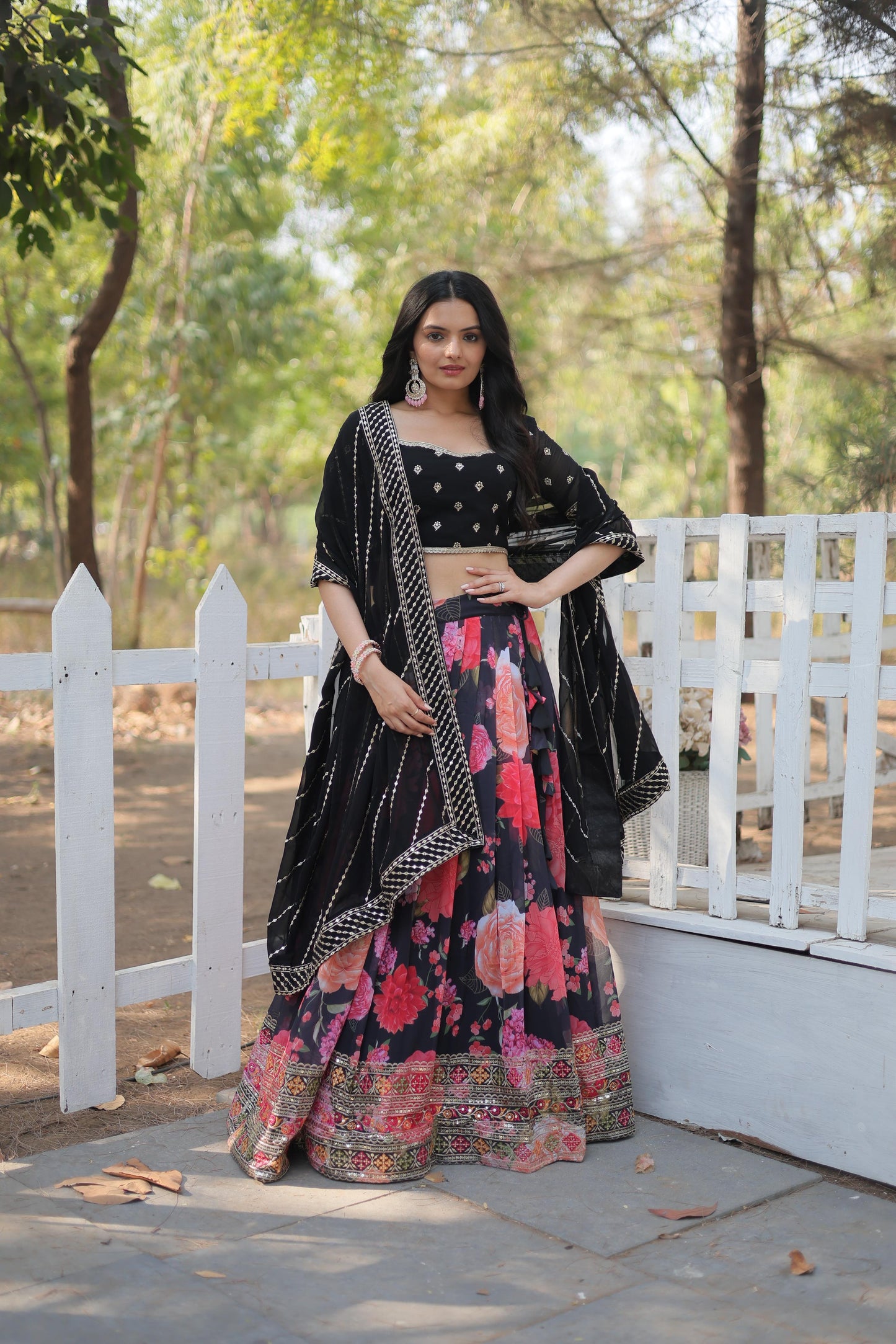 Black Floral Digital Printed Sequins Embroidered Lehenga Choli