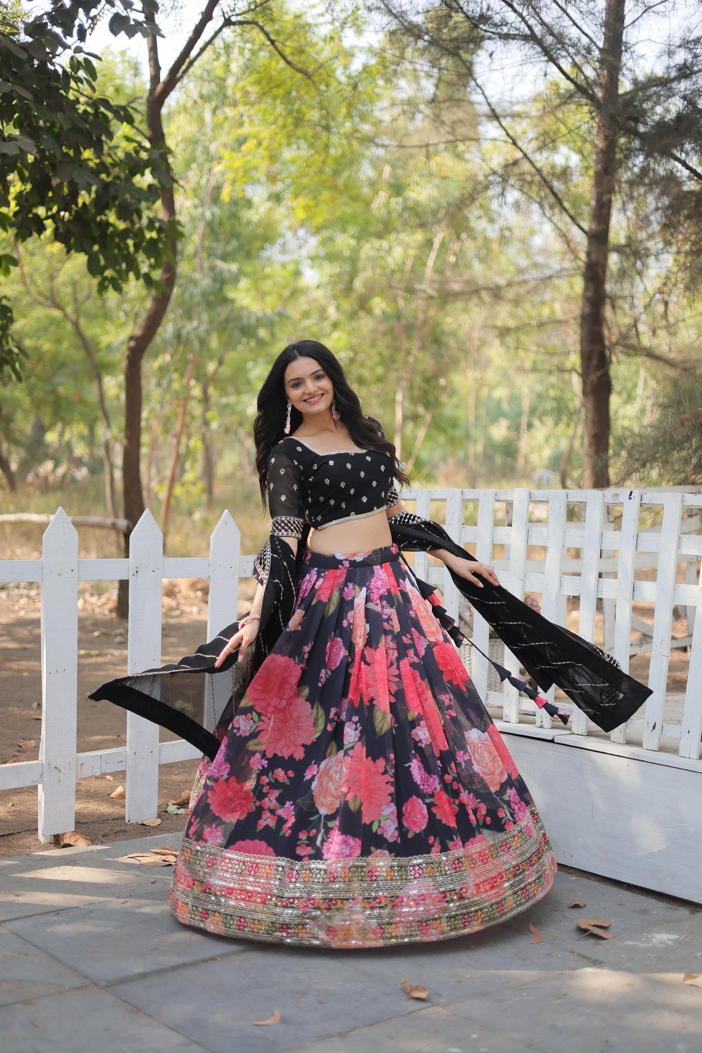 Black Floral Digital Printed Sequins Embroidered Lehenga Choli