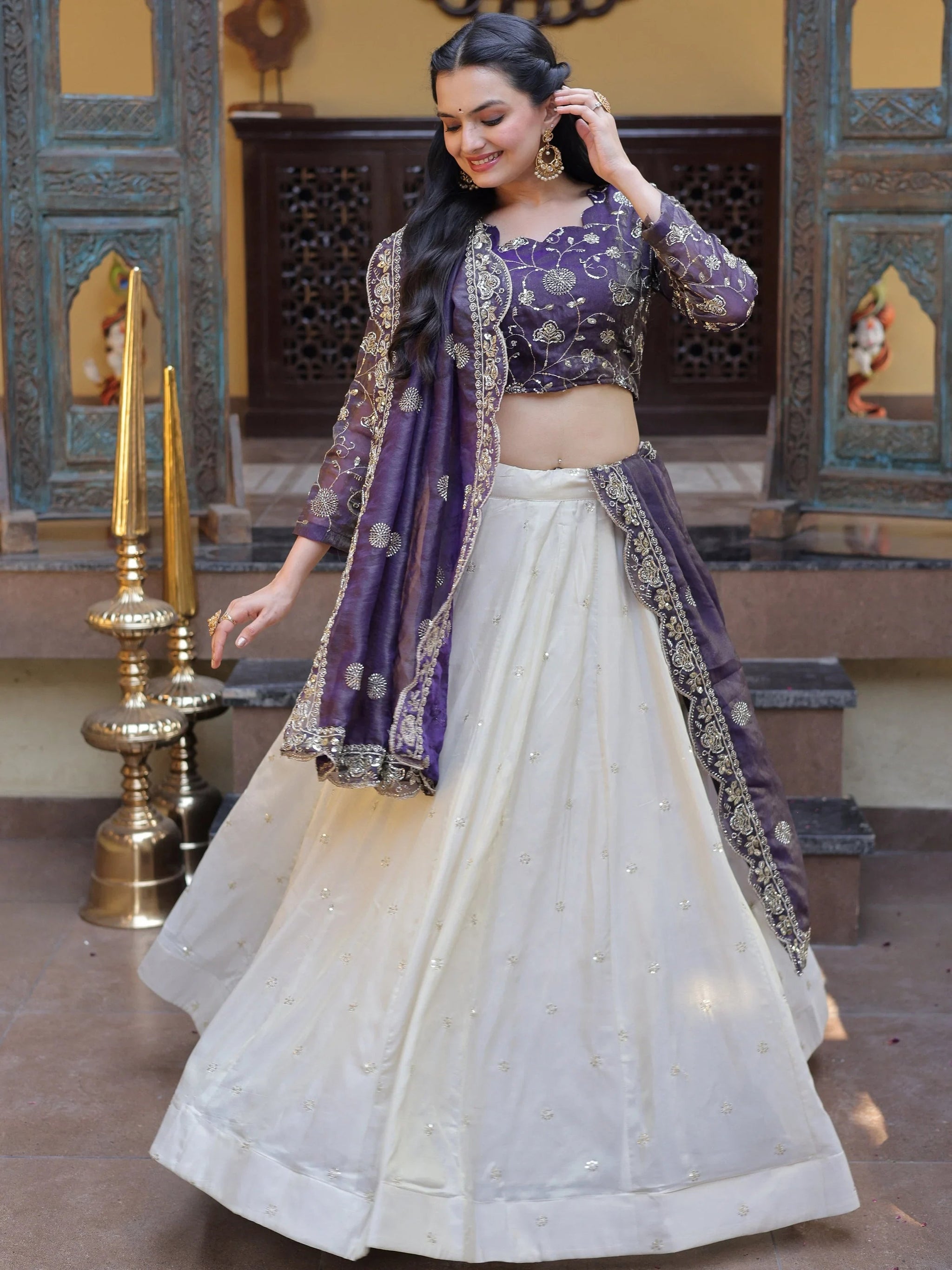 Charming Cream Sequins Embroidered Silk Wedding Wear Lehenga Choli