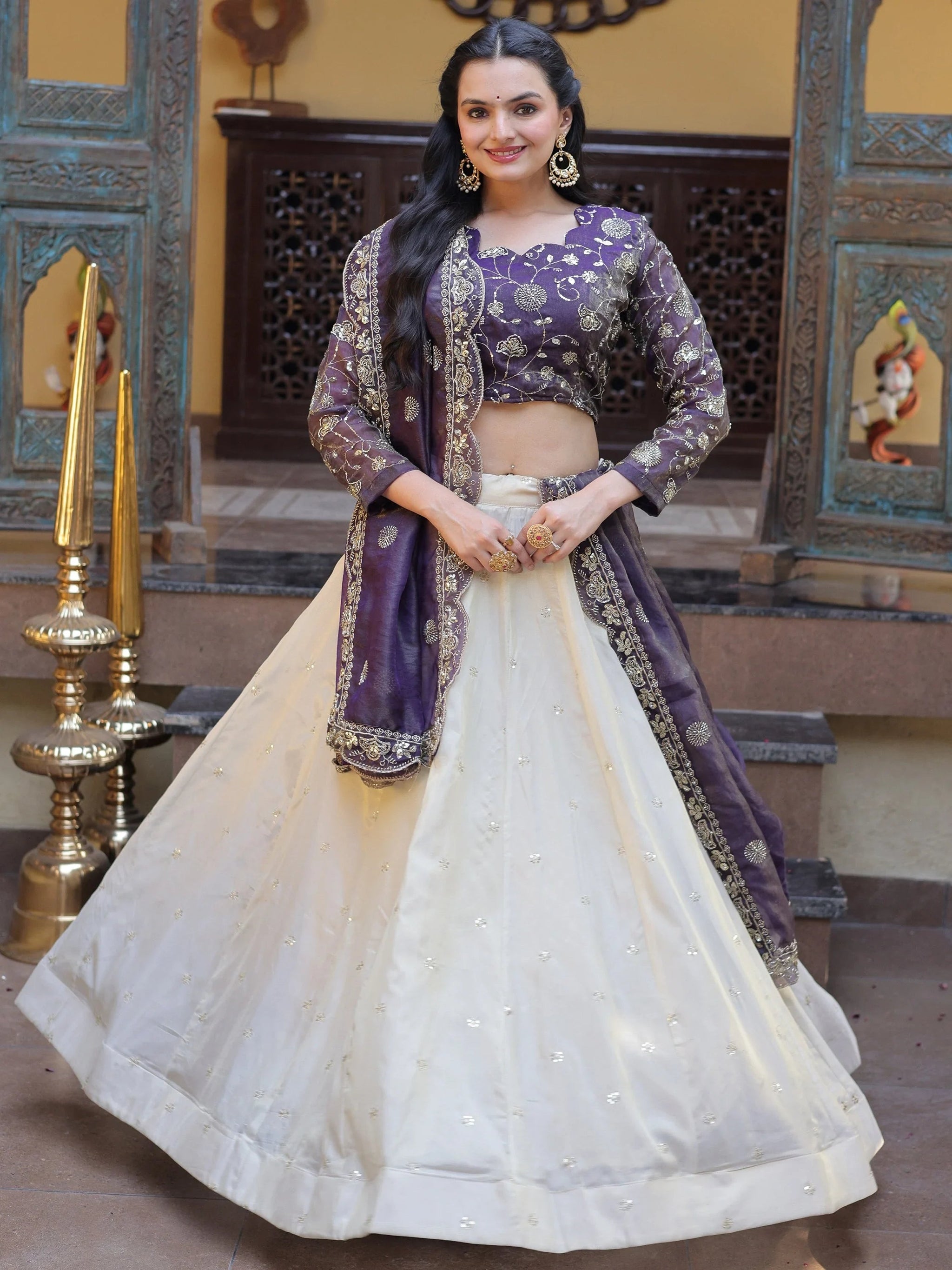 Charming Cream Sequins Embroidered Silk Wedding Wear Lehenga Choli