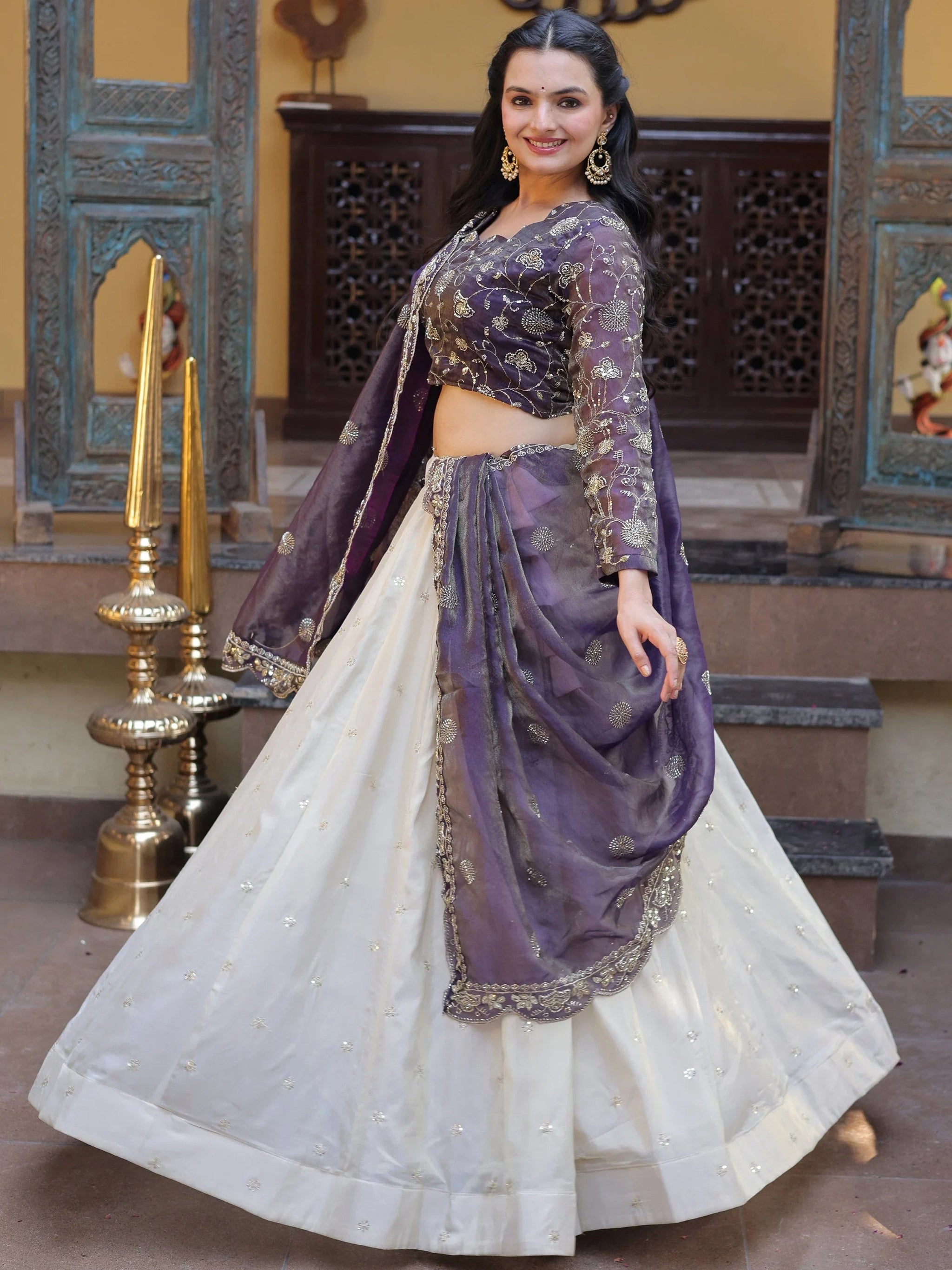Charming Cream Sequins Embroidered Silk Wedding Wear Lehenga Choli